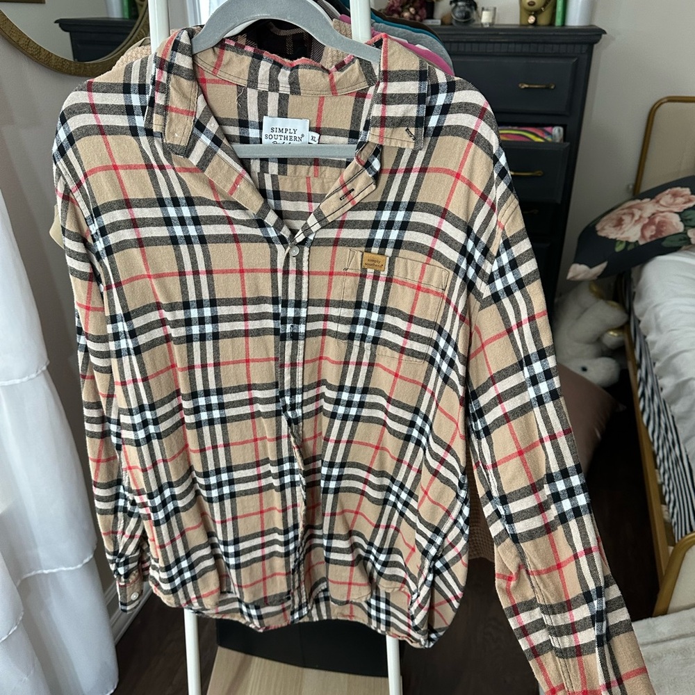 Simply Southern Plaid Button Down Shirt - Tan, Black, Red